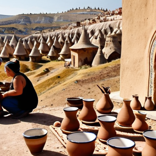 Home 14 **
A bustling ceramic workshop in Cappadocia, Turkey. Focus on artisans hand-painting traditional patterns onto pottery with the iconic fairy chimneys in the background. Depict the warm, earthy tones of the local clay and paints. Include both finished pieces and works in progress.
**