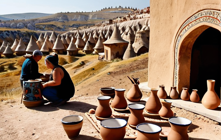 **

A bustling ceramic workshop in Cappadocia, Turkey. Focus on artisans hand-painting traditional patterns onto pottery with the iconic fairy chimneys in the background. Depict the warm, earthy tones of the local clay and paints. Include both finished pieces and works in progress.

**