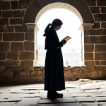 A professional artist, fully clothed in modest, appropriate attire, stands contemplatively within a large, historic stone building. Beams of natural light stream through high arched windows, illuminating dust particles in the air and highlighting the textured ancient walls. The artist is sketching in a professional notebook, capturing the essence of the forgotten space. The atmosphere is one of serene observation and deep connection to the building's history. The scene is shot with professional photography techniques, emphasizing high quality and realistic detail. safe for work, appropriate content, perfect anatomy, correct proportions, natural pose, well-formed hands, proper finger count, natural body proportions, family-friendly.