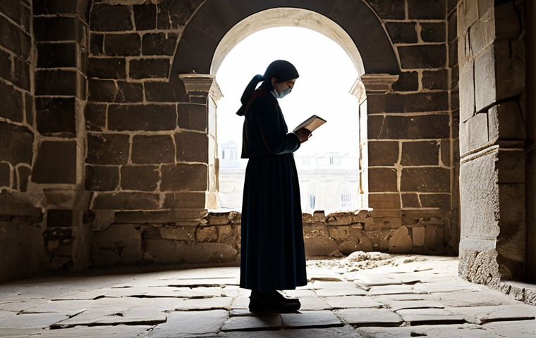 A professional artist, fully clothed in modest, appropriate attire, stands contemplatively within a large, historic stone building. Beams of natural light stream through high arched windows, illuminating dust particles in the air and highlighting the textured ancient walls. The artist is sketching in a professional notebook, capturing the essence of the forgotten space. The atmosphere is one of serene observation and deep connection to the building's history. The scene is shot with professional photography techniques, emphasizing high quality and realistic detail. safe for work, appropriate content, perfect anatomy, correct proportions, natural pose, well-formed hands, proper finger count, natural body proportions, family-friendly.